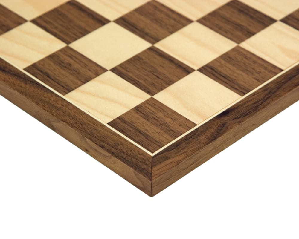 Close-up of a 17.75 inch Walnut and Maple chess board with 1.97 inch playing squares, crafted by Rechapados Ferrer S.A. of Spain.