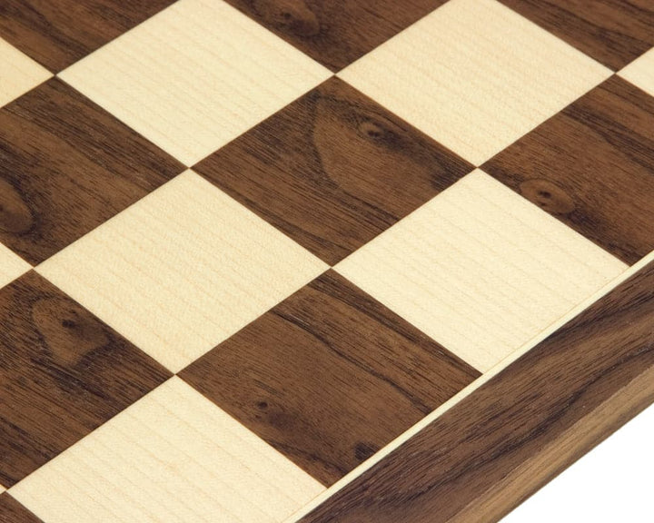 Beautifully crafted 19.7 inch Walnut and Maple chess board with 2.17 inch playing squares, made by Rechapados Ferrer S.A. of Spain.