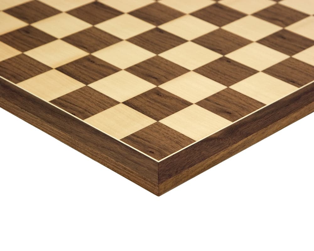 21.7 inch walnut and maple chess board with 2.3 inch playing squares, showcasing the premium craftsmanship and intricate detailing.