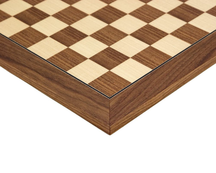 Close-up of 15.75 Inch Walnut and Maple Deluxe Chess Board with 1.58 Inch Squares, crafted in Spain by Rechapados Ferrer