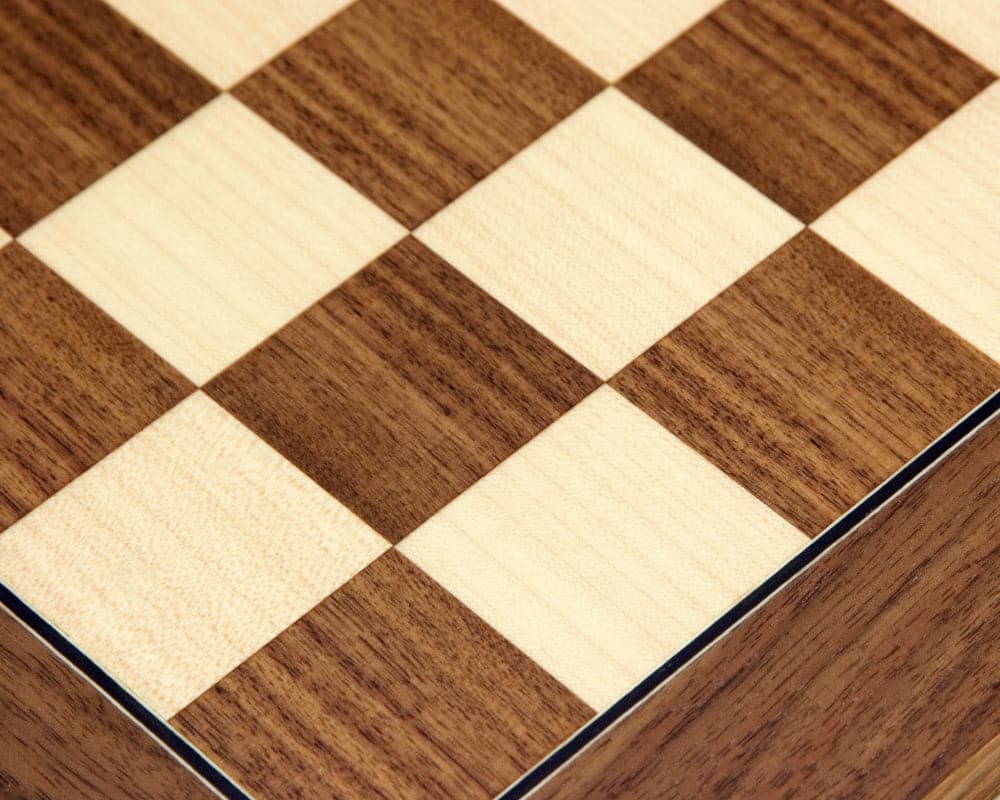 Close-up of 15.75 Inch Walnut and Maple Deluxe Chess Board with 1.58 inch playing squares, crafted in Spain by Rechapados Ferrer