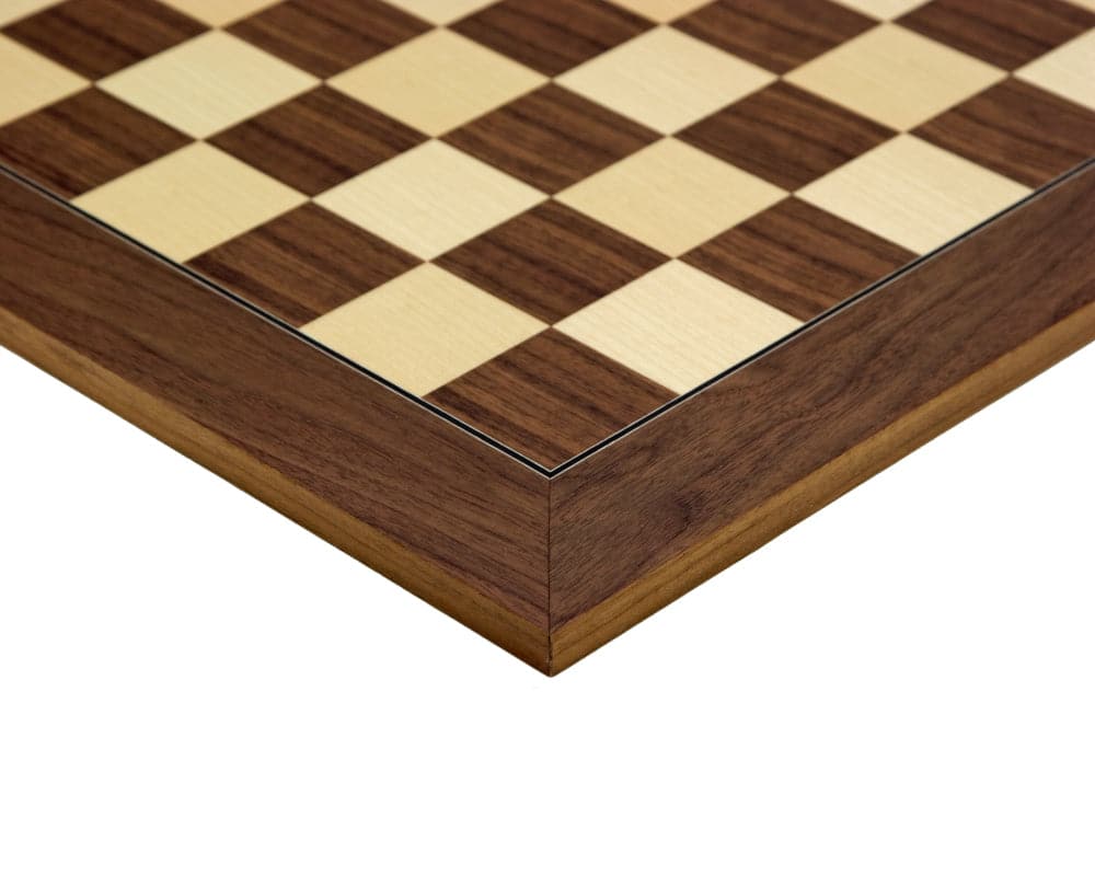 19.7 inch Walnut and Maple deluxe chess board with 1.9 inch playing squares, crafted by Rechapados Ferrer of Spain, showcasing high-grade construction.