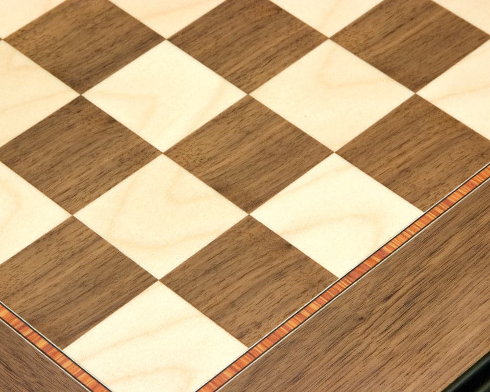 19.7 inch moulded walnut and maple deluxe chess board with redwood beading by Rechapados Ferrer S.A., showing pristine lines and detail.