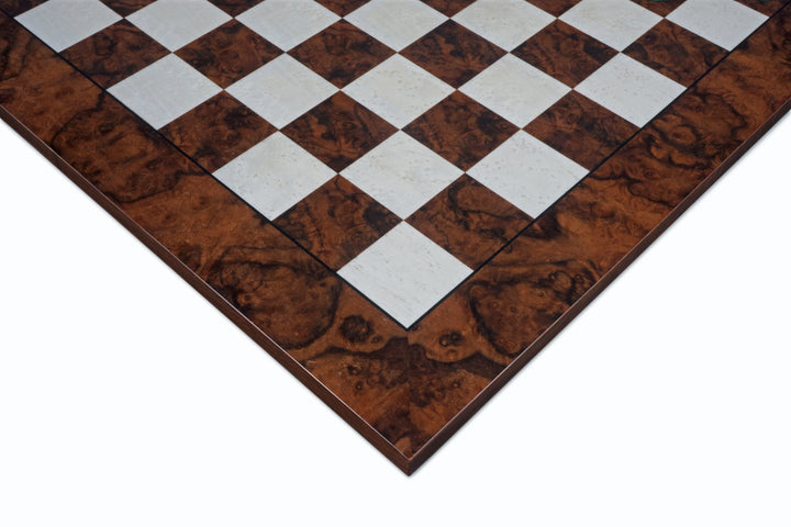 Corner view of a 17 inch dark walnut and elmwood luxury chess board with finely detailed craftsmanship.