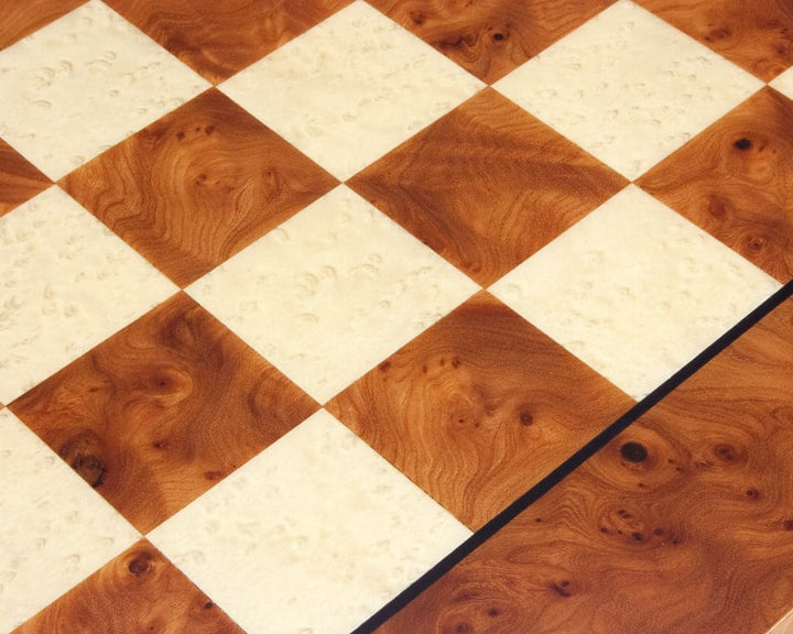 Luxurious 20.5 inch Briarwood and Elm chess board with 1.9 inch squares, handcrafted in Italy, showcasing rich veneer and alluring grain.