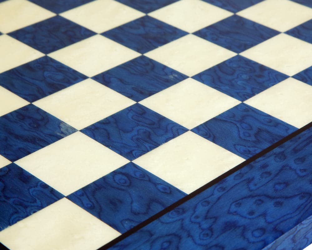 Close-up of 16.5 inch Blue Erable and Elm Wood Luxury Chess Board showing high-gloss lacquer finish and intricate burl wood grain.