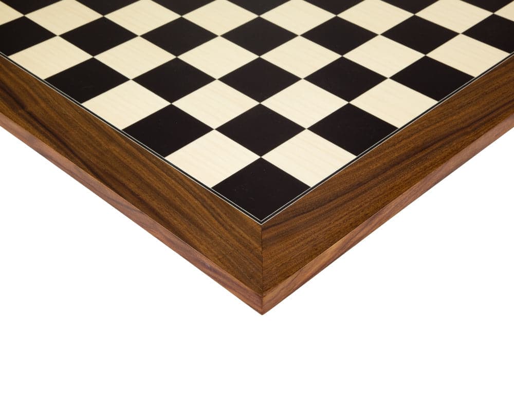 Close-up of 19.7 Inch Black Anegre and Palisander Deluxe Chess Board with high gloss finish and 2 inch playing squares.