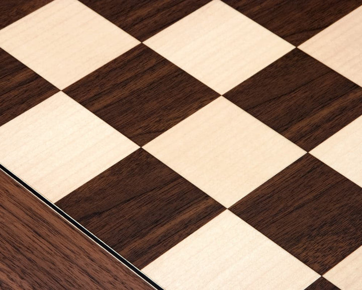 23.6-inch Montgoy Palisander and Maple Deluxe Chess Board with 2.36-inch playing squares crafted in Spain, featuring deep red rosewood grain.