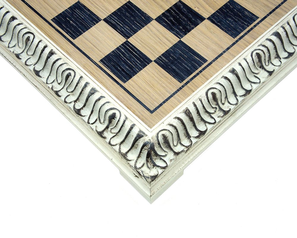 Close-up of 19 inch Painted Italian Artisan Chess Board with high quality oak, opulently decorated border, and 1.75 inch playing squares.