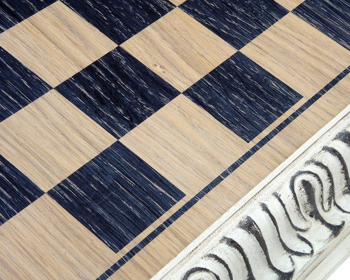 Close-up of a 19 Inch Painted Italian Artisan Chess Board with opulently decorated border and high-quality oak playing squares.