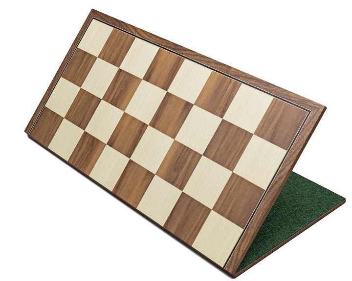 16.75 inch folding walnut and maple chess board crafted in Spain with ebonised border and billiard cloth hinge, perfect for 3.5-3.75 inch chessmen