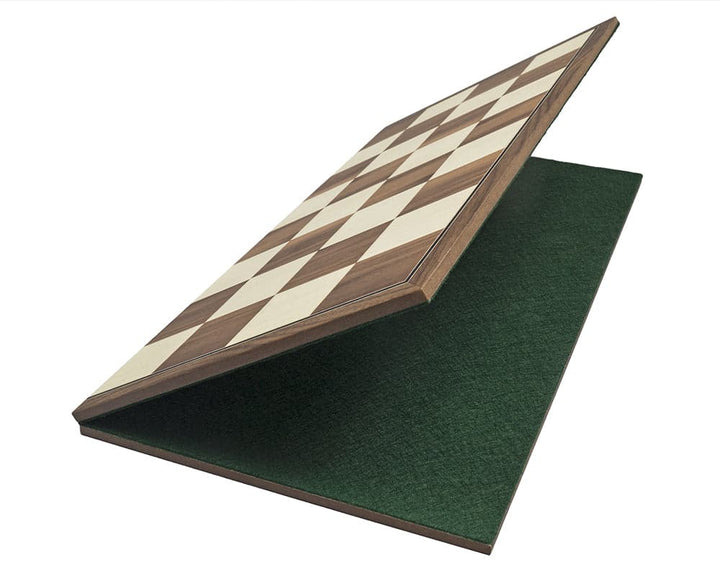 16.75 inch folding walnut chess board crafted from walnut and maple with green billiard cloth base, partially open for storage