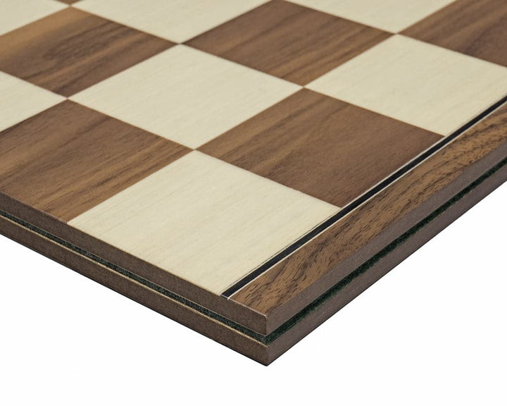 16.75 inch folding walnut chess board crafted from walnut and maple wood, featuring a luxurious billiard cloth base for easy storage