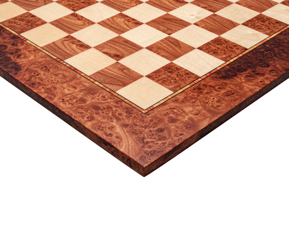 17.3 inch Mastellone Giuseppe Elm Wood Inlaid Chess Board with Elm Burl and Maple veneers featuring a traditional Sorrento Inlay technique.