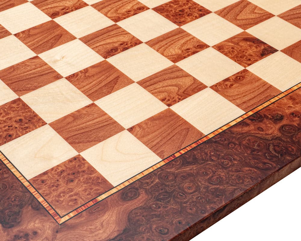 Close-up of Mastellone Giuseppe 17.3 inch Elm Wood Inlaid Chess Board made in Italy with high quality Elm Burl and Maple veneers.