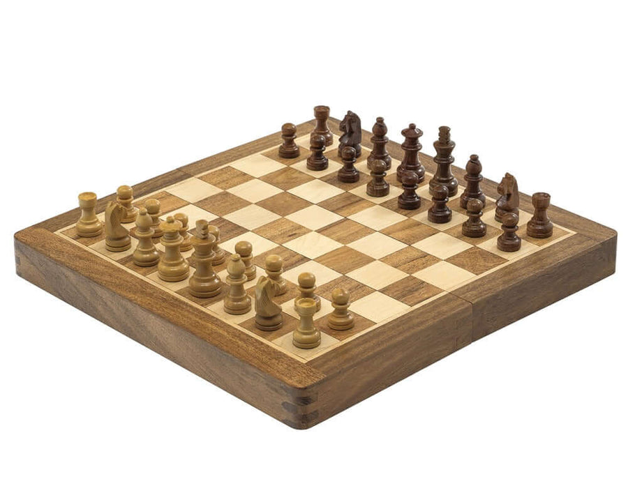 Deluxe 10 inch magnetic folding travel chess set with wooden Staunton-style chessmen on a hardwood board.