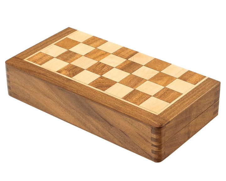 Deluxe hardwood folding magnetic chess set in boxwood and Babul with 10 inch board featuring Staunton style wooden chess pieces.