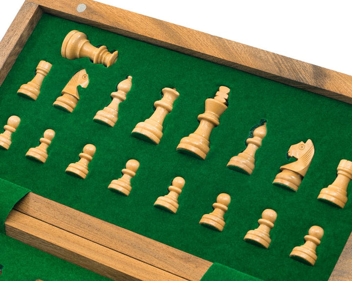 Deluxe hardwood folding travel 10 inch magnetic chess set with Staunton-style wooden chessmen in felt-lined storage