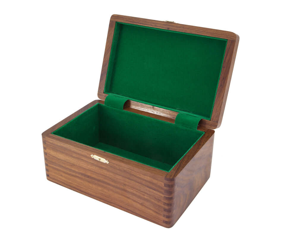 Polished solid wood chess piece case with hinged lid and green padded interior, 9 by 4 inches