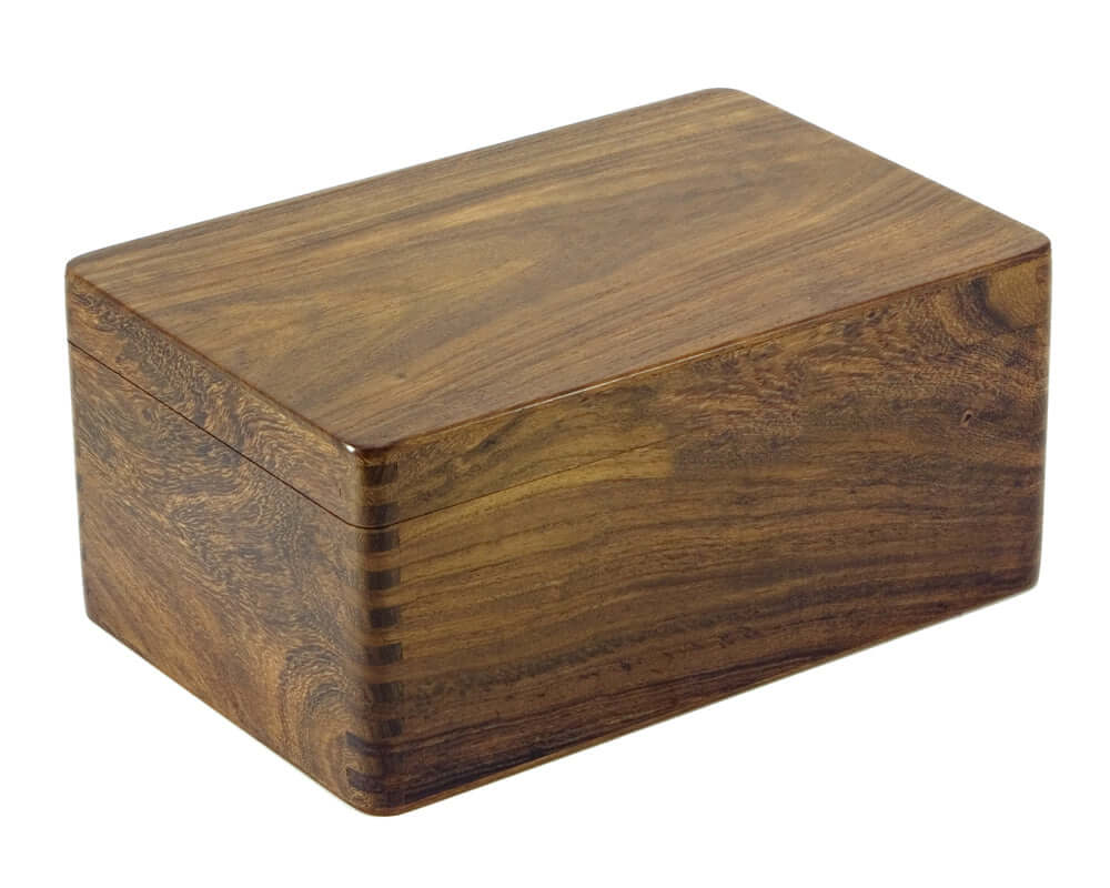 Polished solid wood chess case with hinged lid, 9 by 4 inches, suitable for chess pieces up to 3.75 inches, rich colored wood with deep grain.