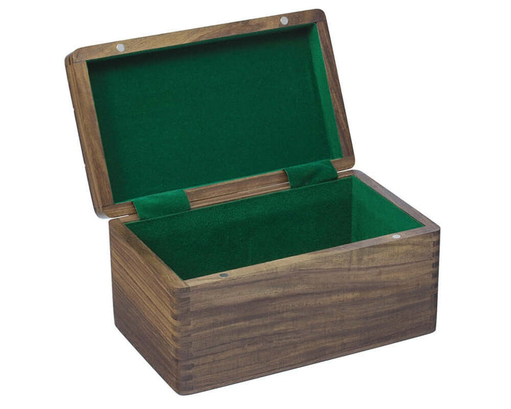 Polished Sheesham chess case with hinged lid and green flocked compartment, crafted from exotic hardwood, perfect for 4.5-inch chess pieces