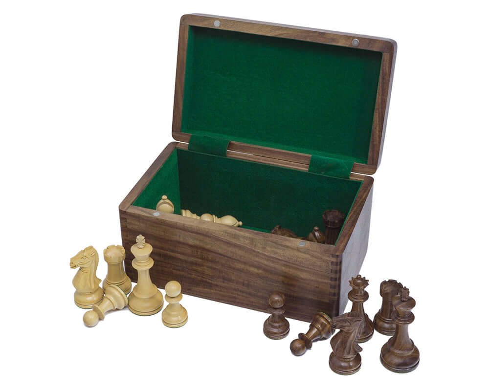 Hand made polished Sheesham wood chess case with green flocked compartments, showing chess pieces, suitable for pieces up to 4.5 inches.