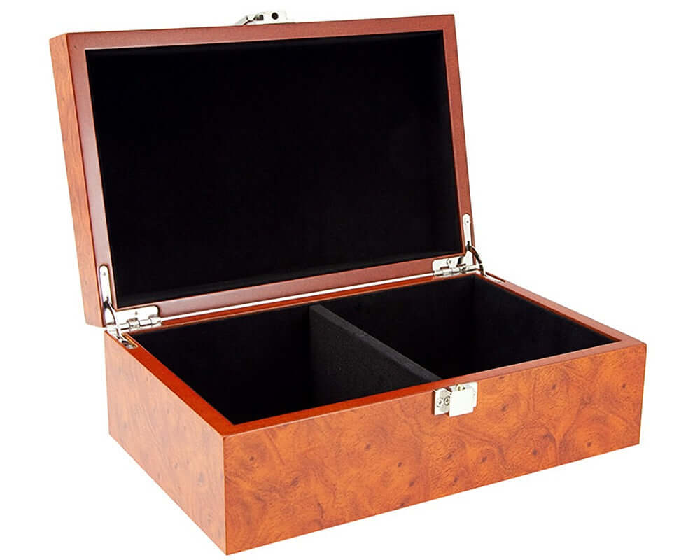 Root Wood Burl Chess Piece Case with Hinged Lid and Plush Black Flocked Compartments Open, Showing Chrome Plated Quadrant Hinges