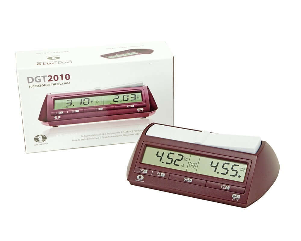 DGT 2010 Professional Digital Chess Clock displaying time with packaging box in background