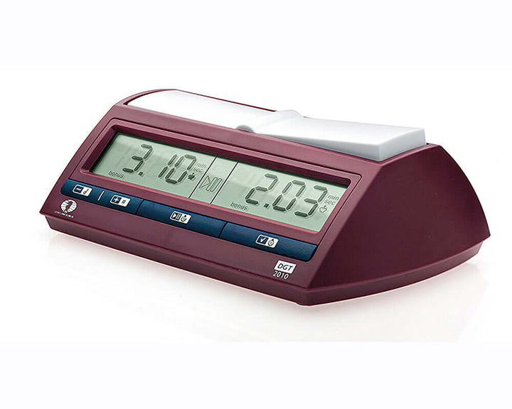 Official DGT 2010 Professional Digital Chess Clock with display showing match time, endorsed by FIDE.