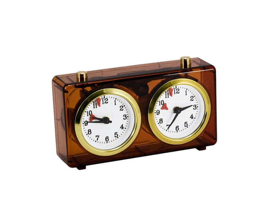 Traditional Turnier Chess Clock with amber transparent plastic, quality mechanism, wind-up design, made in Europe. Perfect for beginners and schools.