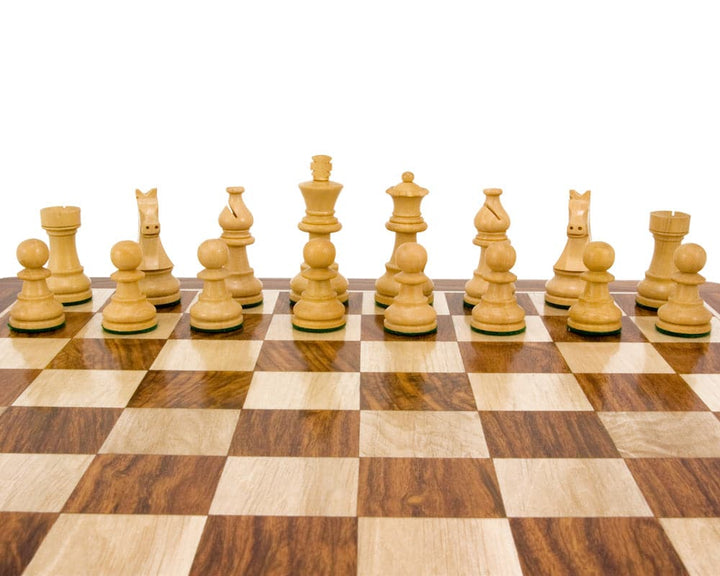 Sheesham Staunton Chess Pieces featuring Down Head Knight series on a wooden chessboard