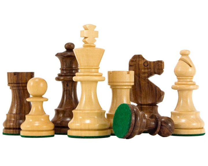 Golden rosewood chess pieces from French Knight series, Staunton design, crafted from sheesham and boxwood, 3.25 inch king pieces.