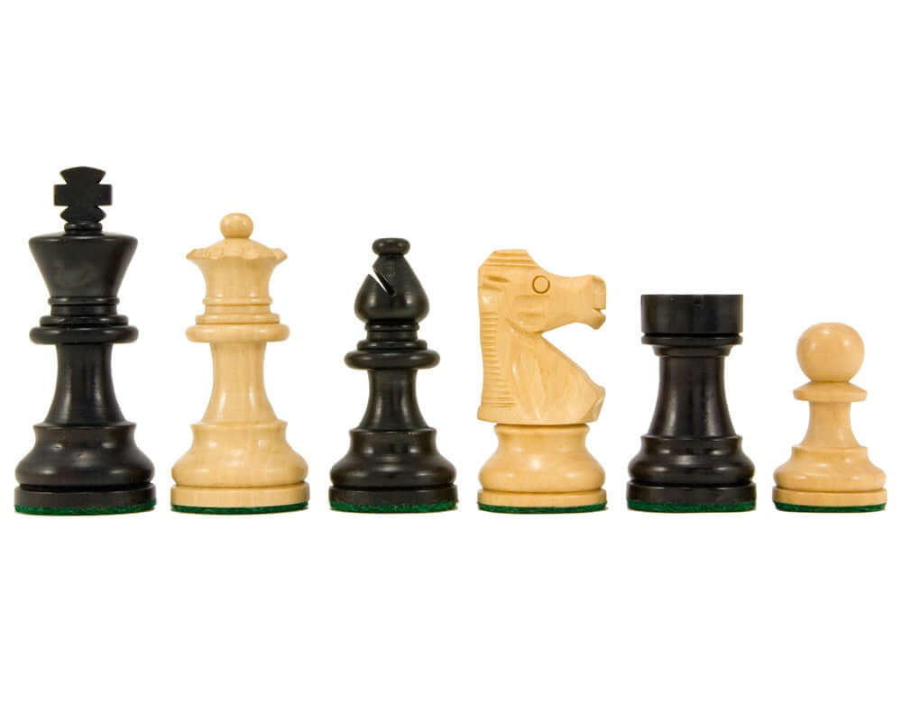 French Knight Series Ebonised Staunton Chess Pieces 3.25 inches, boxwood chessmen set with weighted and felted bases.