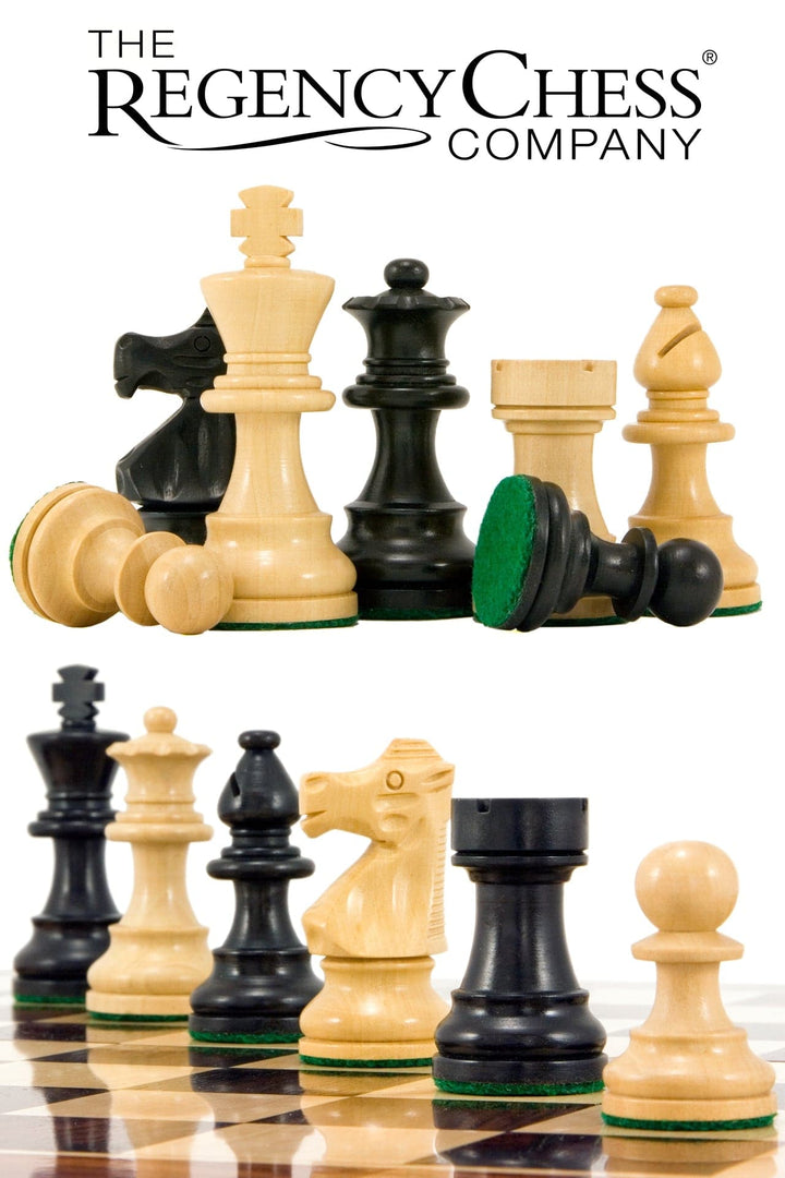 Ebonised Staunton chess pieces 3.25 inches from French Knight Series displayed by Regency Chess Company with expert craftsmanship