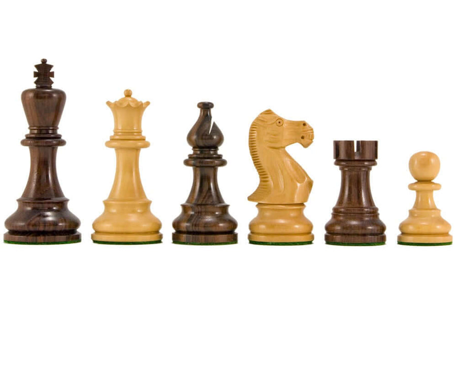 Atlantic Series Rosewood Staunton Chess Pieces 3.75-inch king, carved from solid rosewood, hand polished, weighted, and felted, set on display.