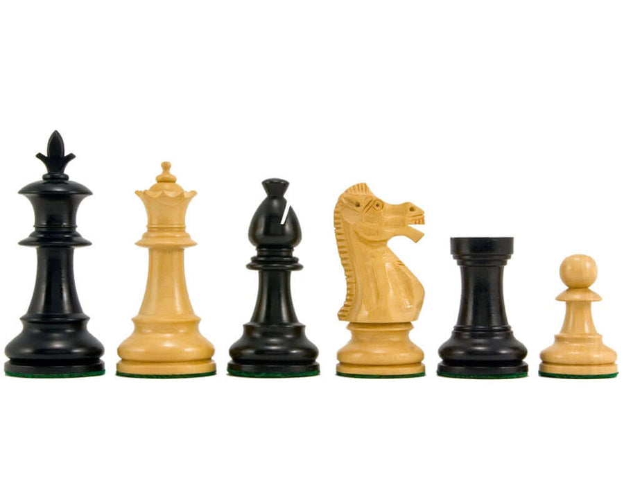 Flower Series Ebonised Staunton Chess Pieces 3.25 Inches made of ebonised boxwood placed in a row showing detailed craftsmanship.