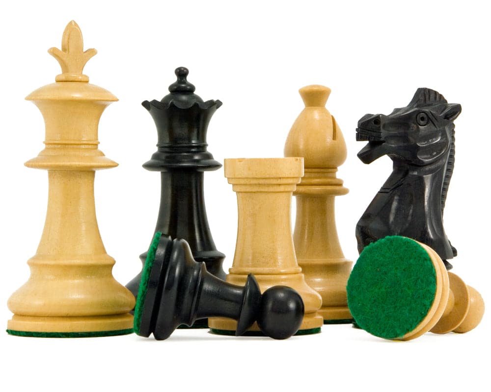 Flower Series Ebonised Staunton Chess Pieces 3.25 Inches featuring ebonised boxwood, weighted, felted, perfect for 16 inch board.