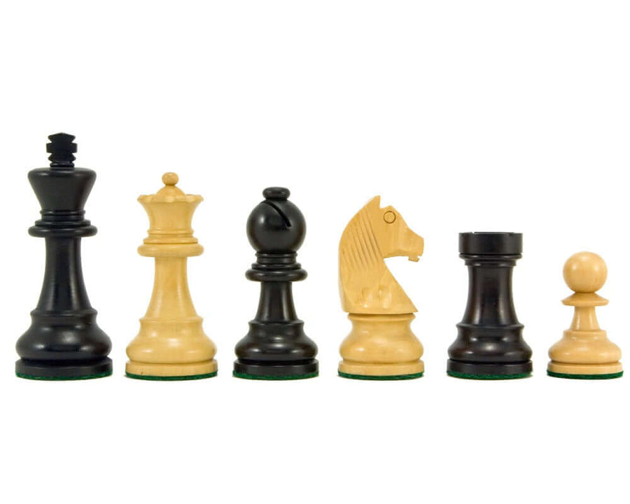 Down Head Knight Ebonised Staunton Chess Pieces set, featuring beautifully crafted boxwood chessmen with a 3-inch king.