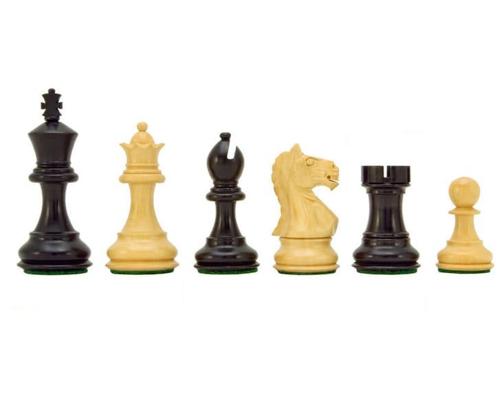 Fierce Knight Ebonised Staunton Chessmen - Classic handcrafted 3-inch Boxwood chess pieces displayed in black and natural tones.