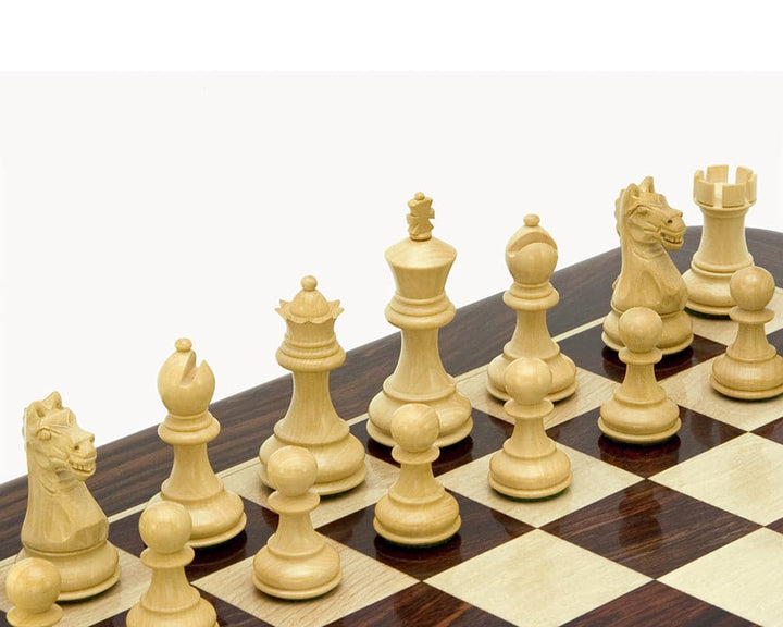 Fierce Knight Ebonised Staunton chess pieces on a board display, showcasing handcrafted Boxwood 3-inch King and classic Staunton design