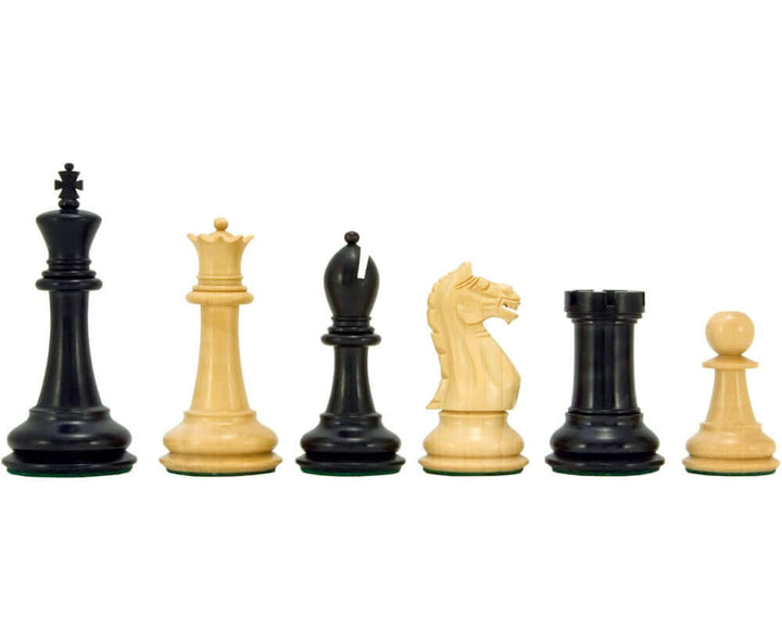 Handcrafted 3.75-inch ebonised and natural boxwood Oxford Series chess pieces, including king, queen, bishop, knight, rook, and pawn.