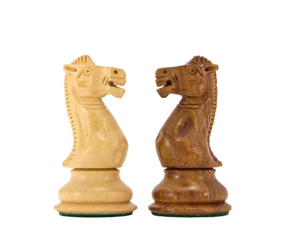 Victoria Series Sheesham and Boxwood Chessmen 3.75-inch knight pieces, showcasing fine detailing, natural polish, and green flocked bases.