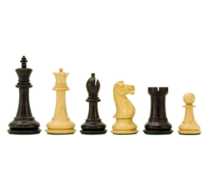 Victoria Series Ebonised Boxwood Chessmen 3.75 Inches set on display, featuring weighted and felted pieces.