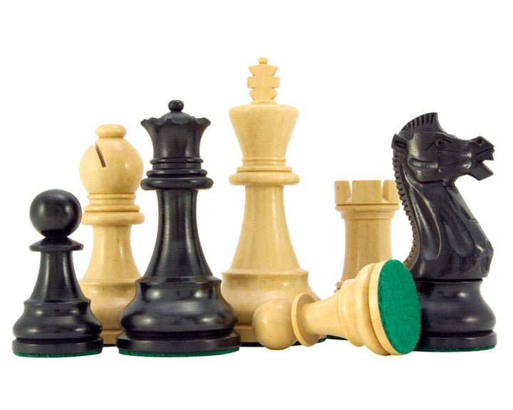 Frankfurt Series ebonised boxwood chess pieces, 4-inch king, weighted and felted, ideal for 23-inch board, high-quality craftsmanship.