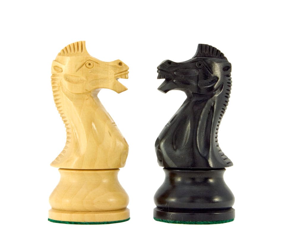 Ebonised boxwood and natural boxwood knight chess pieces from the Frankfurt Series, showcasing detailed craftsmanship.