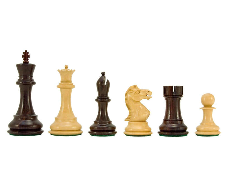 Sicilian Series Rosewood and Boxwood Chess Pieces with Staunton design 3.75-inch King and billiard cloth bases.