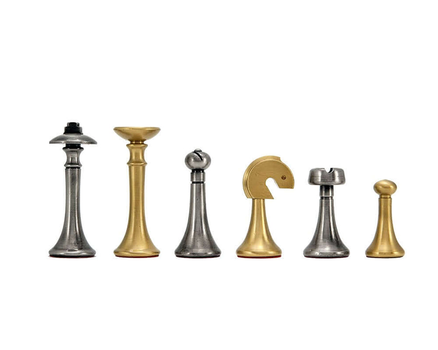 Metropolis Series 2.75 Inch Brass and Nickel Chess Pieces, hand turned, minimalist design, weighted for balance, Italian craftsmanship