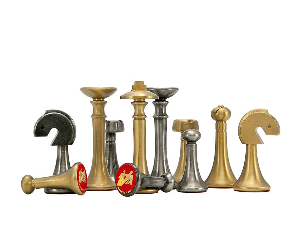 Metropolis Series 2.75 Inch Brass and Nickel Chess Pieces Displayed on Board