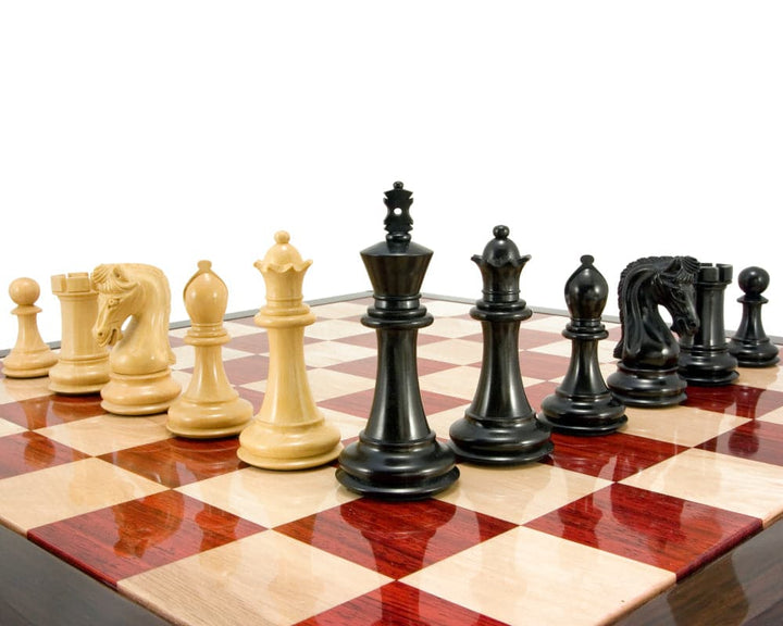 Canterbury Knight Series luxury ebony chess pieces on a 23-inch board showing detailed Staunton design with 4.5-inch king.