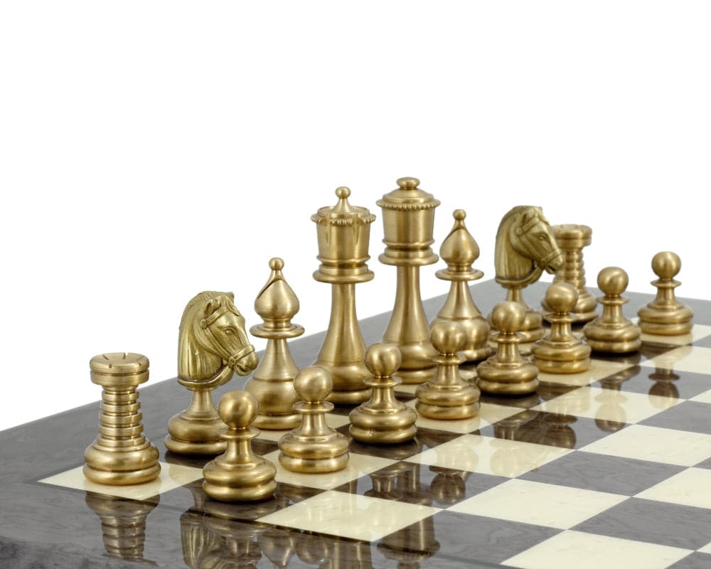 Verona Series 2.75 Inches brass and nickel chess pieces on a chessboard, showcasing traditional Staunton design with Shakespearean elements